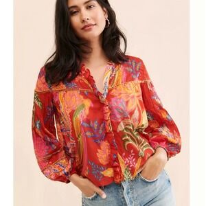 FARM Rio Mystic Bush Buttoned Blouse Red L Boho Tropical Vacation Resort